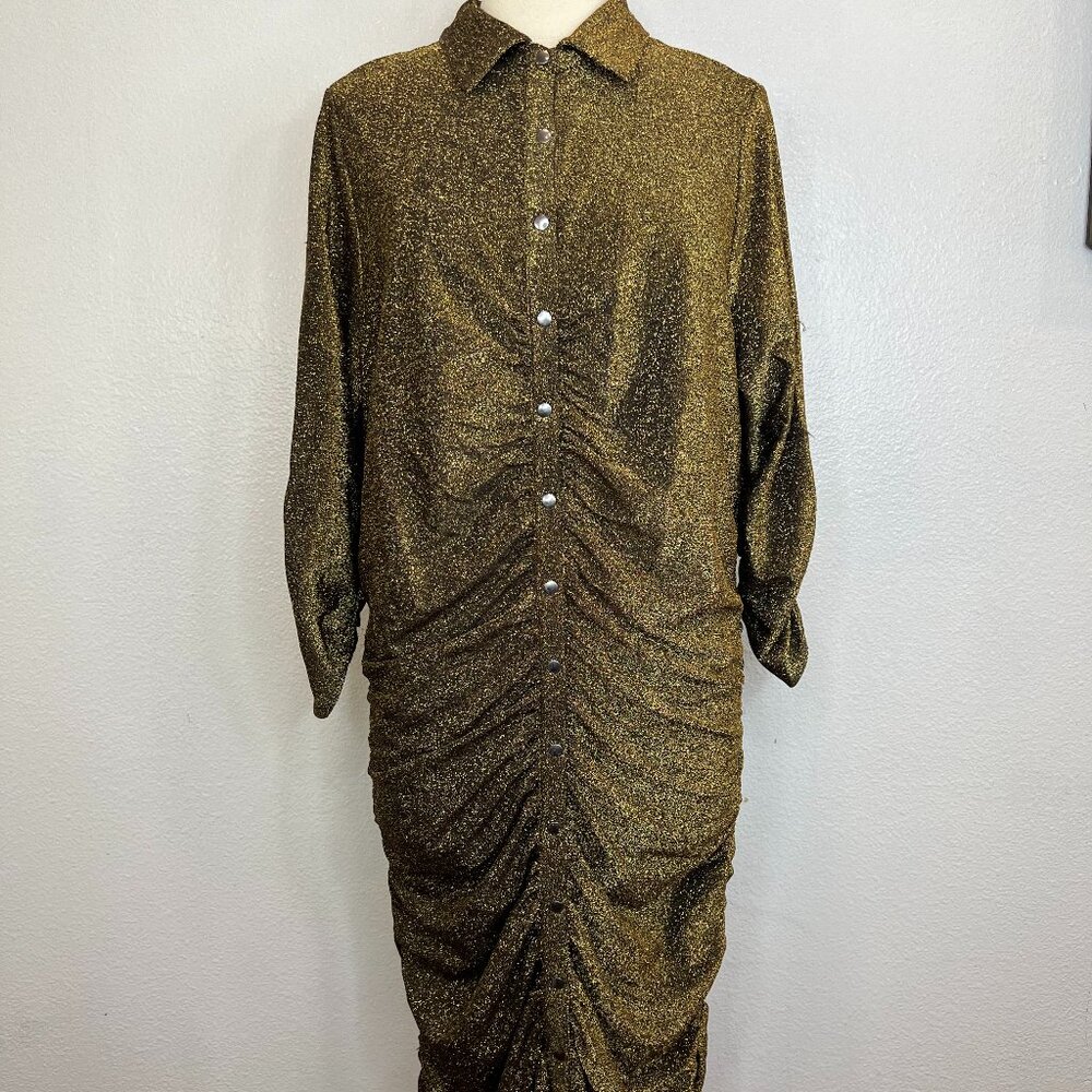 Torrid Gold 3/4‎ Sleeve Button Up Fitted Ruched Collared Dress Size 2